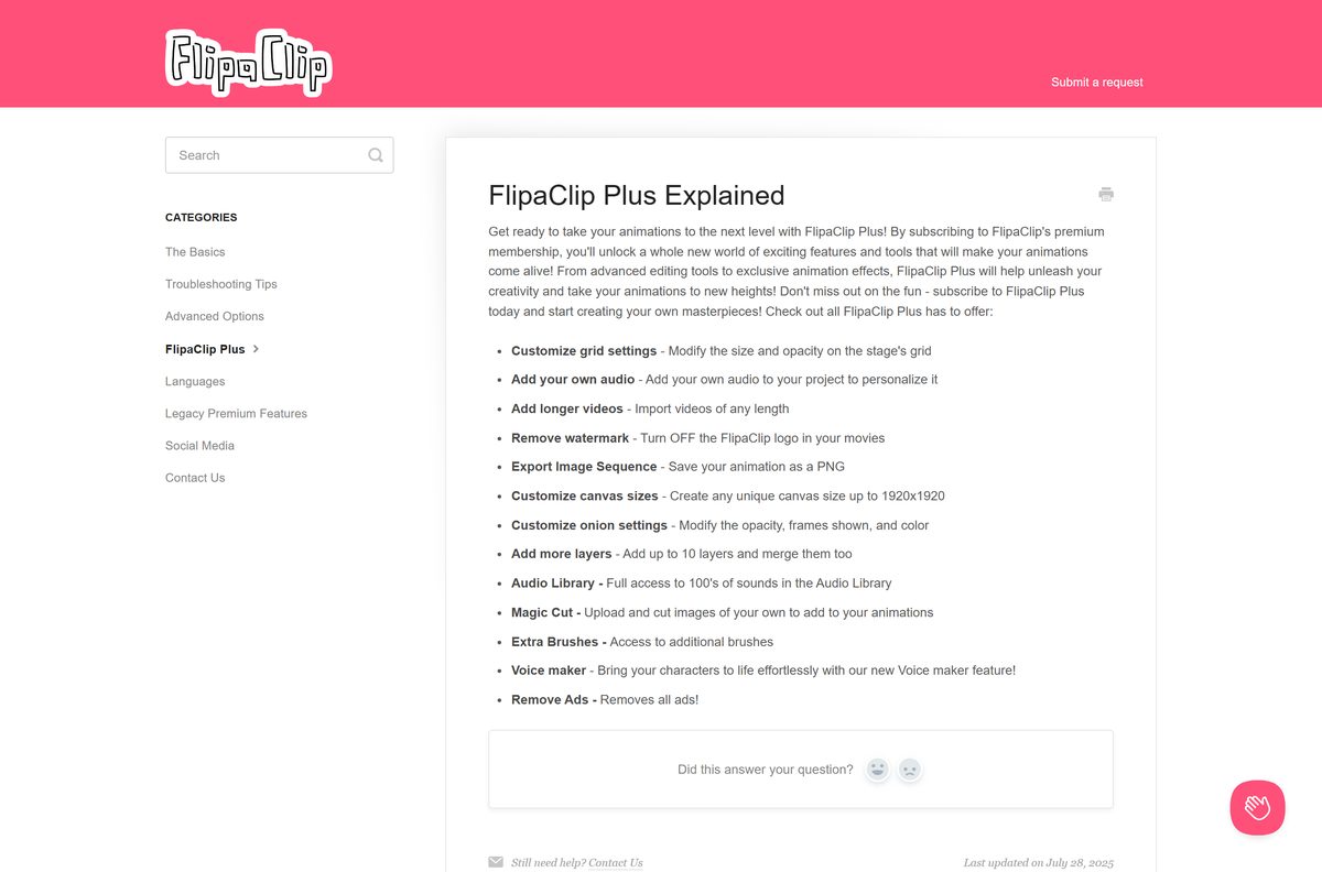 FlipaClip Plus help article listing the subscription features