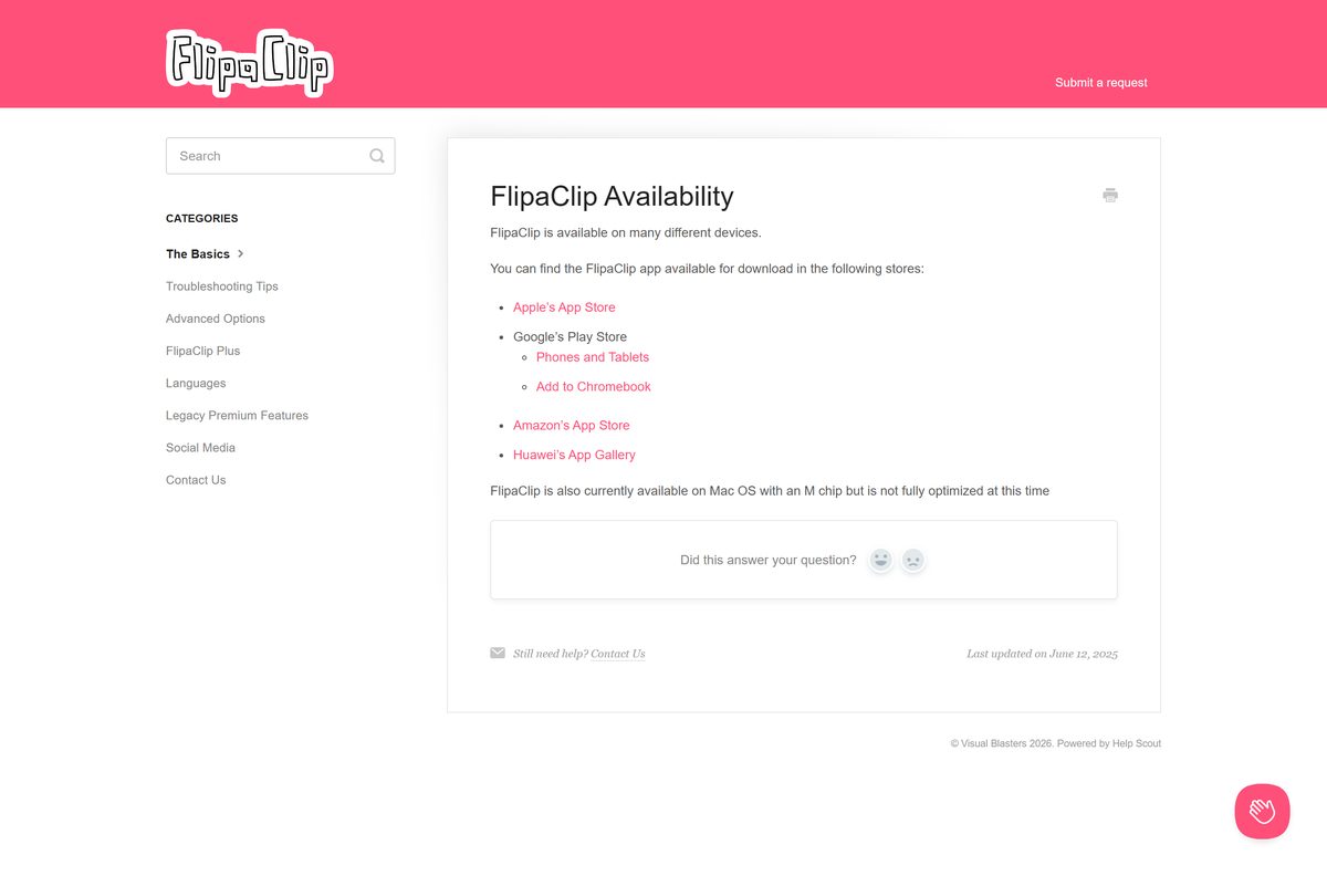 FlipaClip help page listing the stores that carry the app