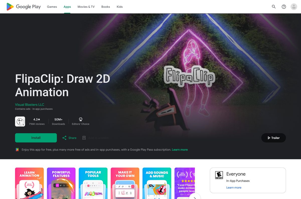 Google Play listing for FlipaClip with downloads and Editors' Choice badge