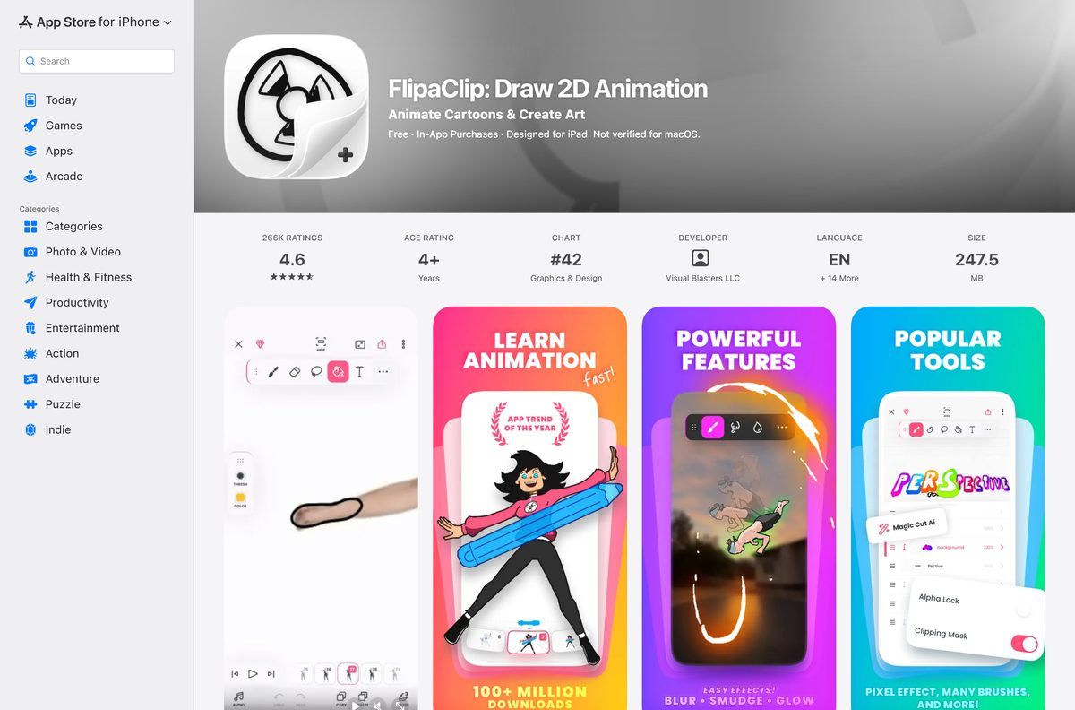 App Store listing for FlipaClip with its rating and developer