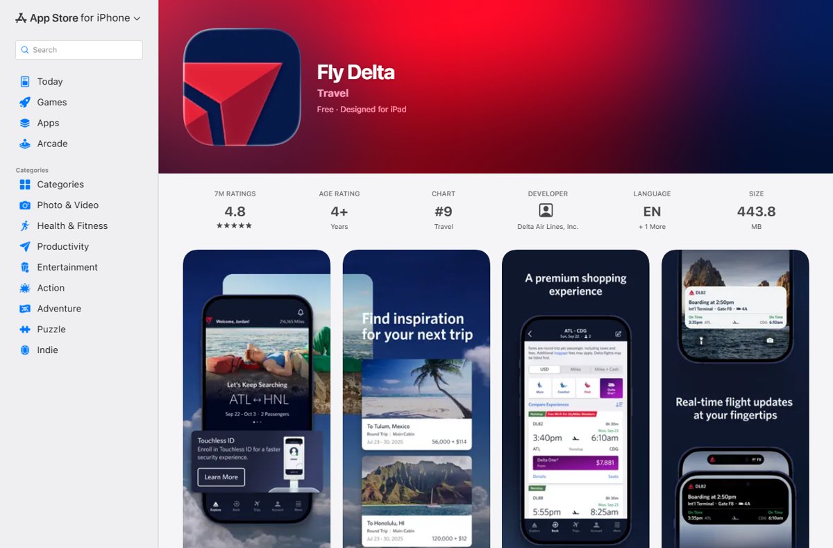 Fly Delta app listing in the Apple App Store with screenshots