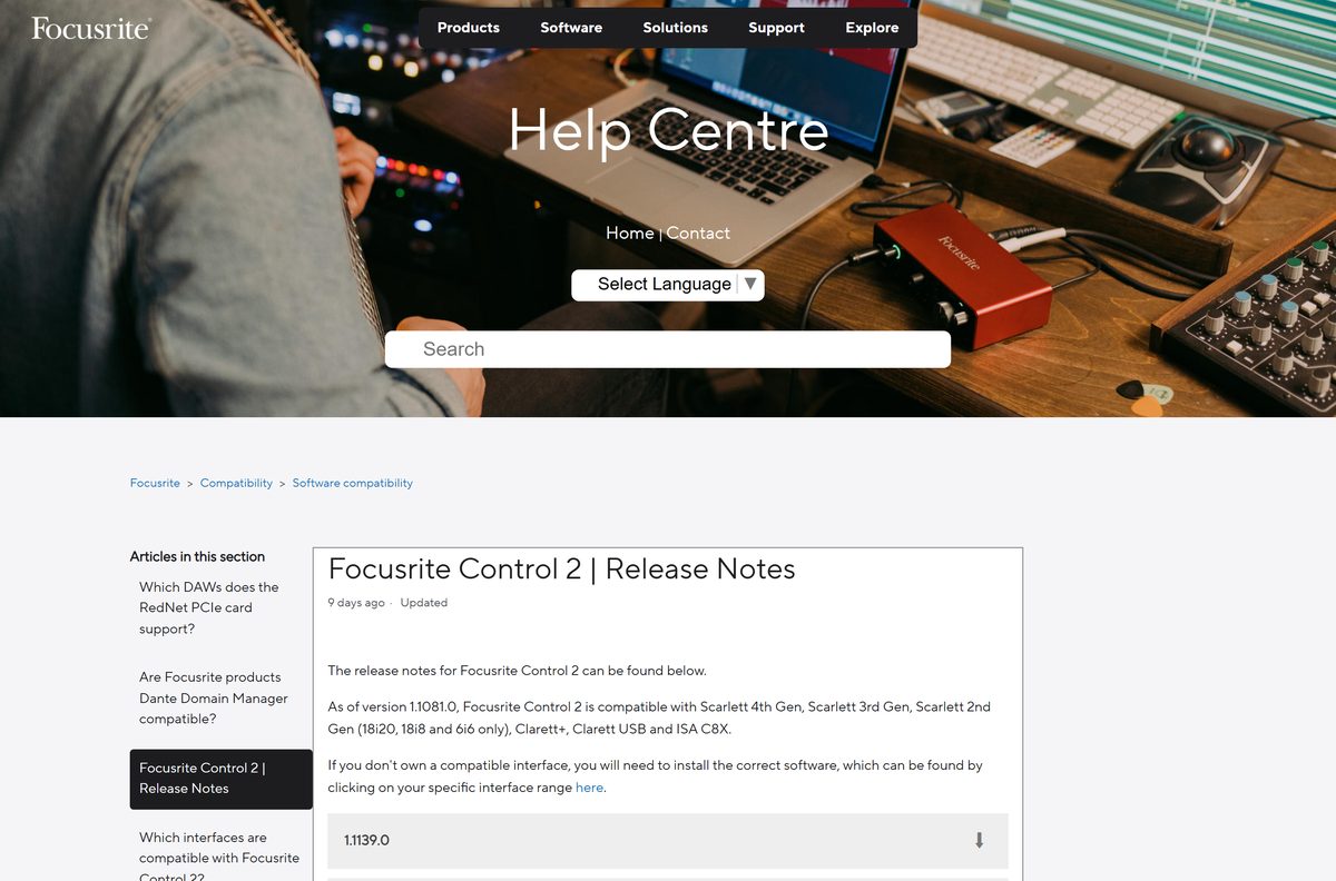 Focusrite Control 2 release notes listing every version since 1.21.0