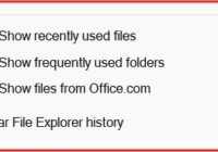 Folder Options Privacy section with Show recently used files checked