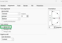 Format Cells Alignment tab with the Wrap text checkbox outlined