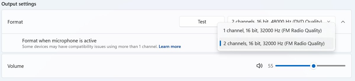 Format when microphone is active dropdown with 2-channel option highlighted