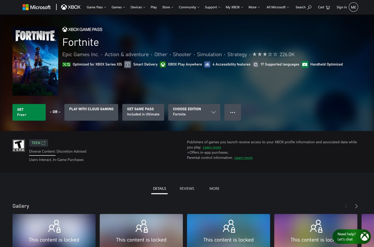 Microsoft Store listing for Fortnite with the GET button and Free+ price