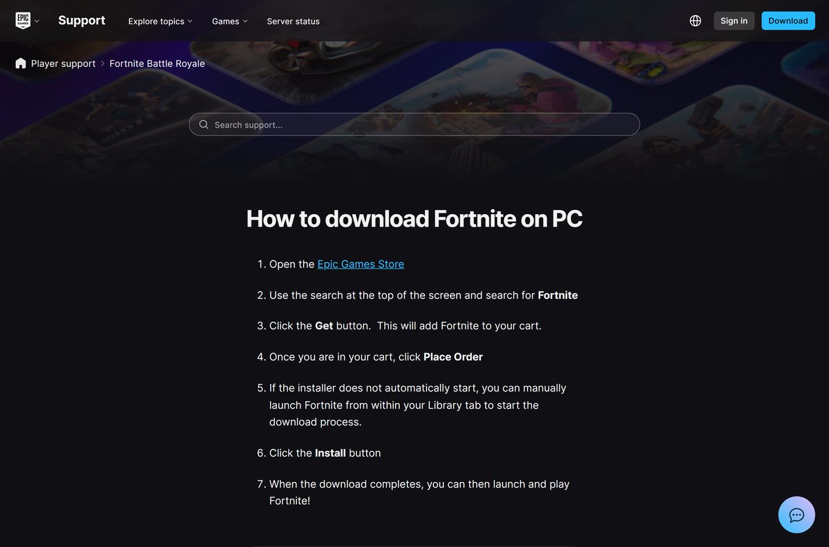 Epic Games support article listing the PC download steps for Fortnite