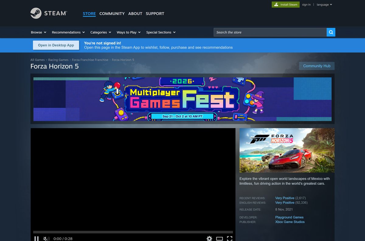 Steam store page for Forza Horizon 5 with price and features