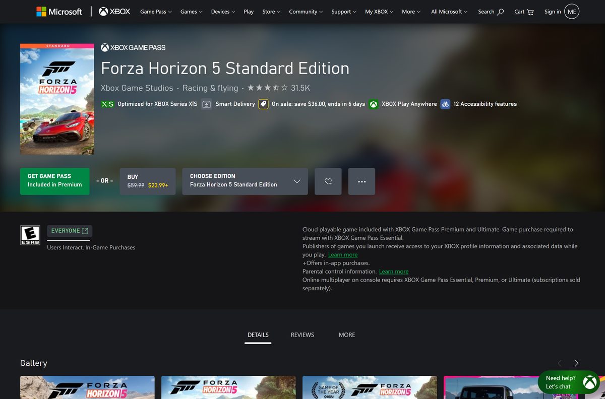 Xbox store page for Forza Horizon 5 with editions and Game Pass