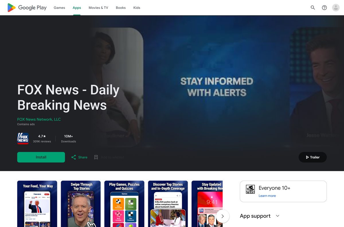 Google Play listing for Fox News with its rating and download count