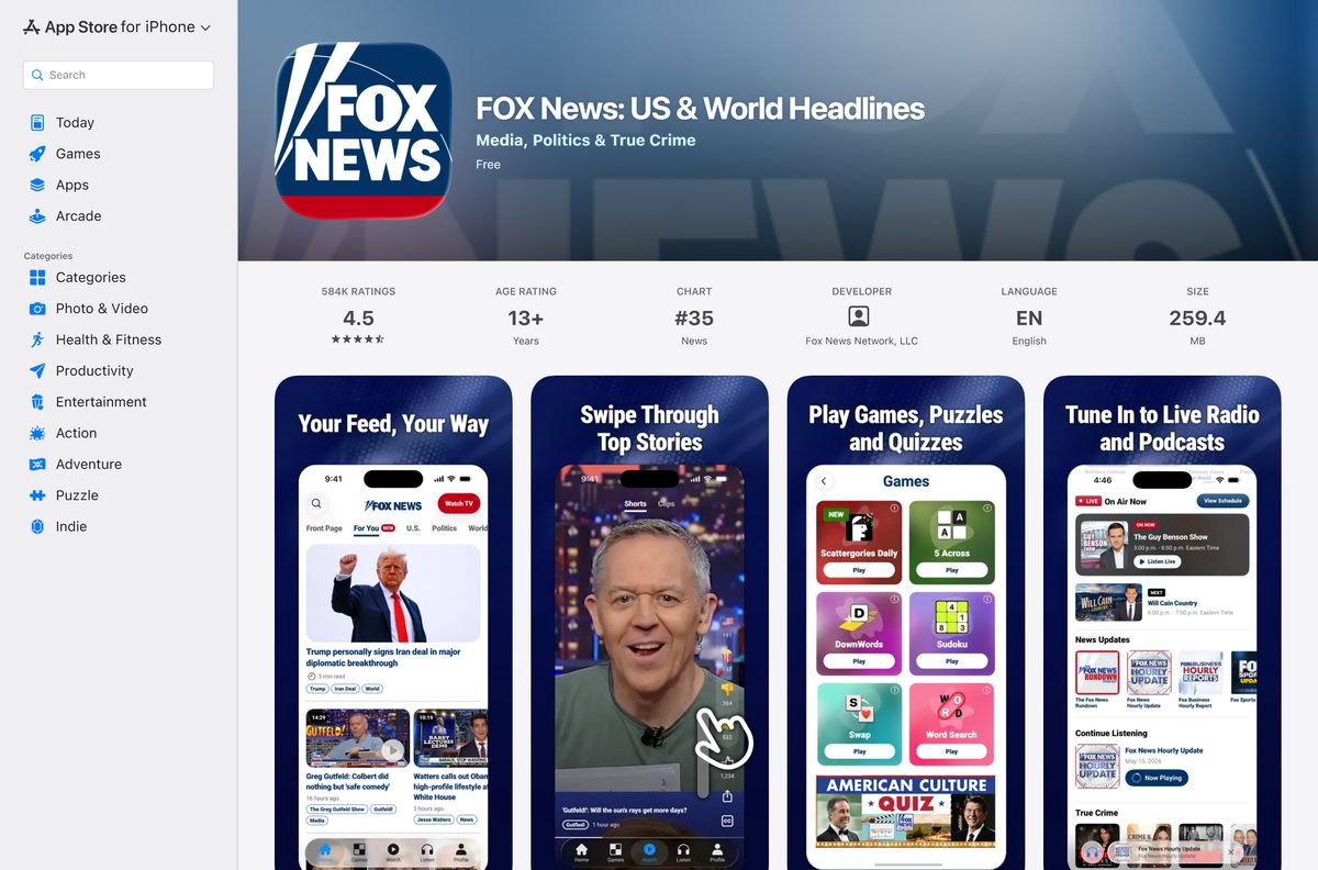 App Store listing for Fox News with its size and ratings