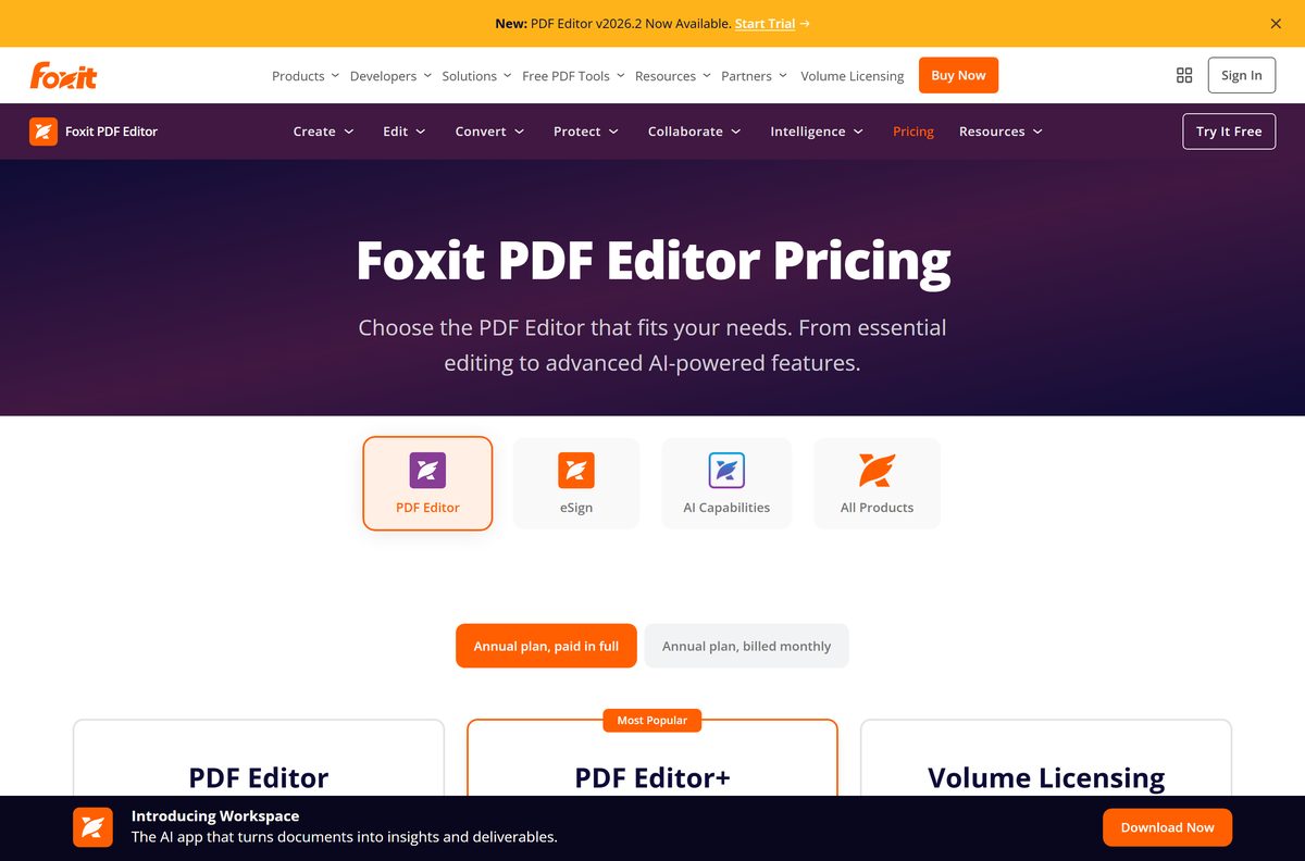 Foxit PDF Editor pricing page with per-user plans and trial buttons