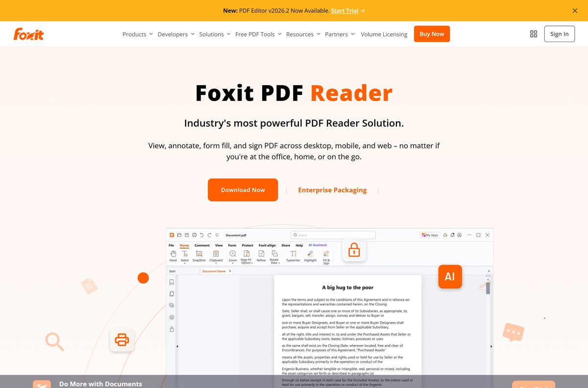 Foxit product page marking the free reader and its download button