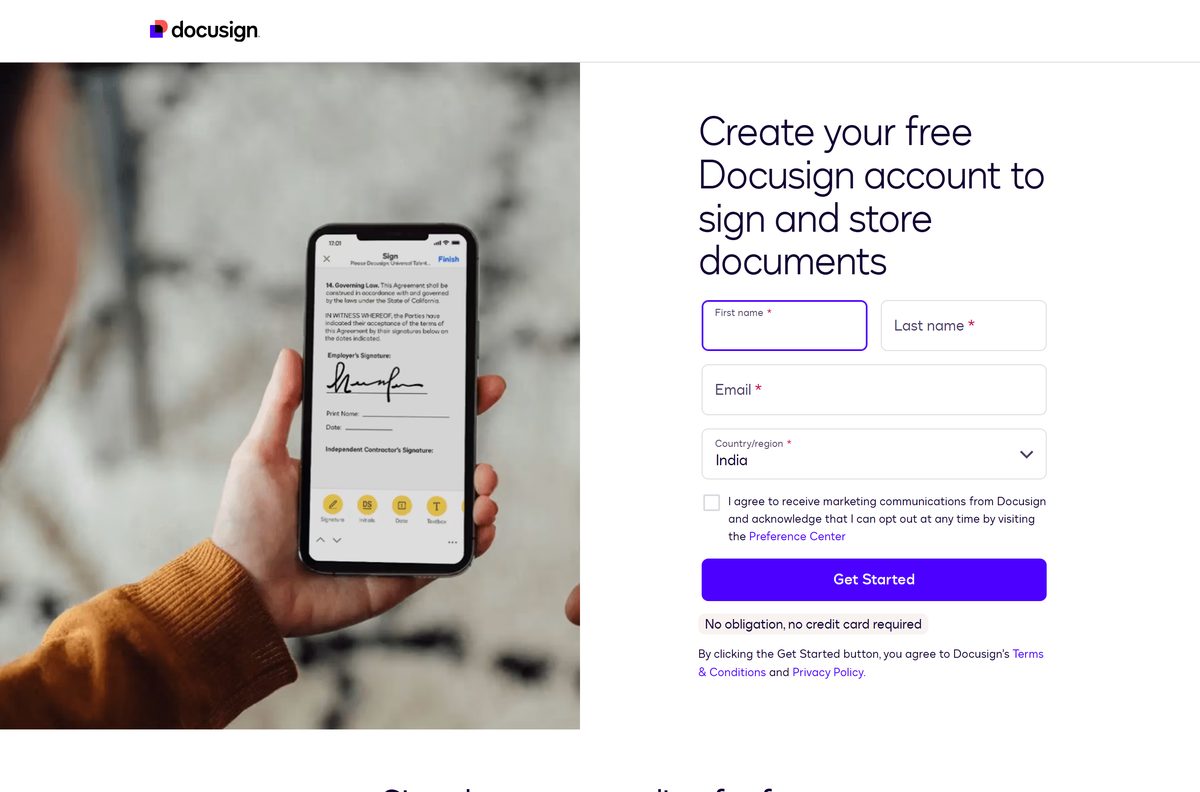 Free Docusign account page explaining free signing and storage
