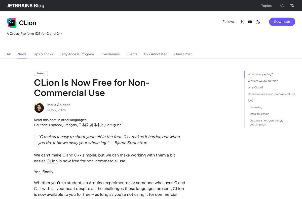 JetBrains blog post announcing free CLion for non-commercial use
