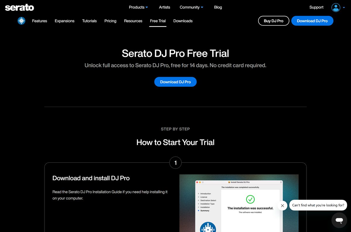Free trial page explaining the Serato DJ Pro 14-day offer