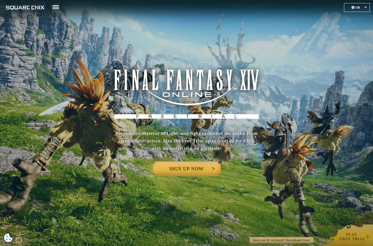 Free trial page for Final Fantasy XIV promising play up to level 80
