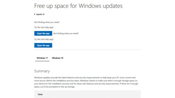 Free up space for Windows updates page with Windows 11 tab selected