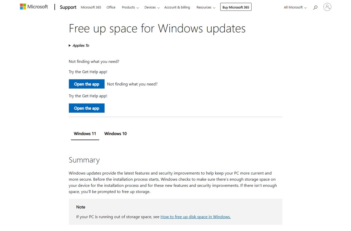 Free up space for Windows updates page with Windows 11 tab selected