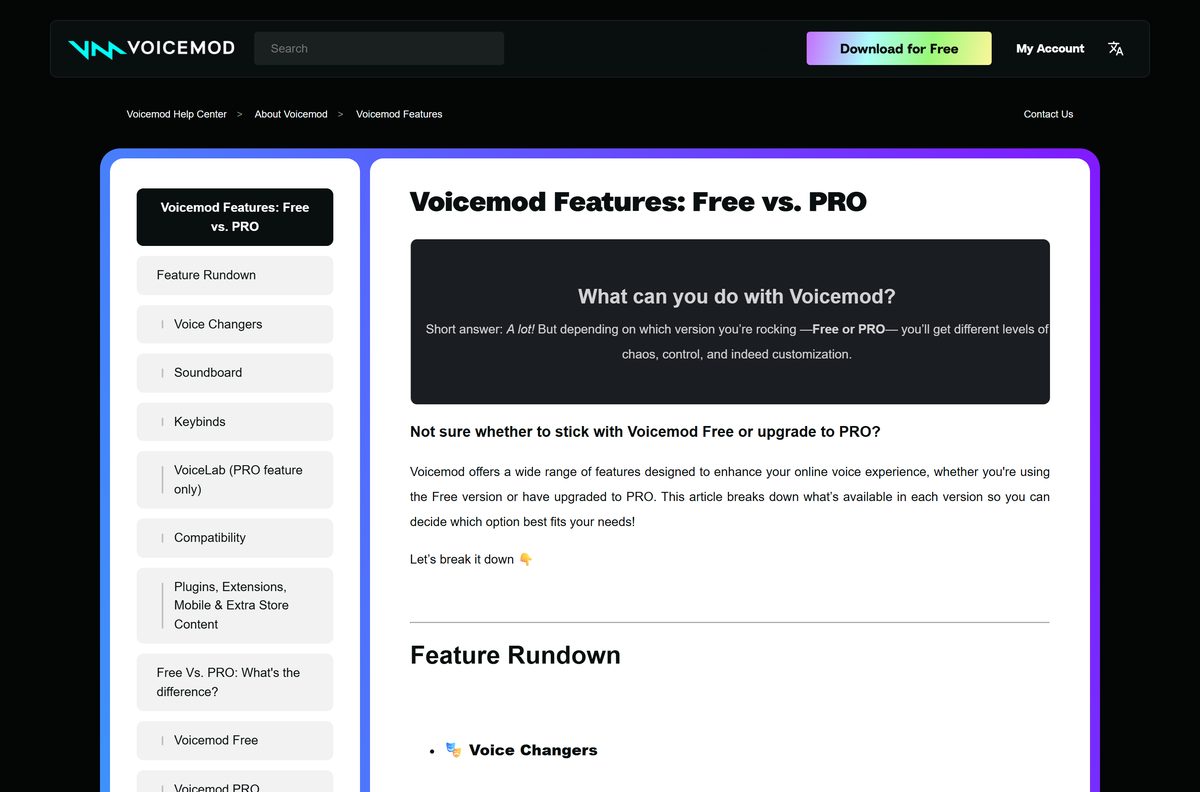 Help center table comparing Voicemod Free and PRO features