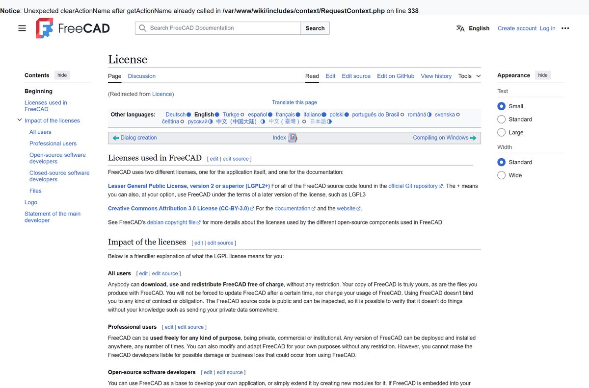 FreeCAD licence page explaining LGPL terms for all users