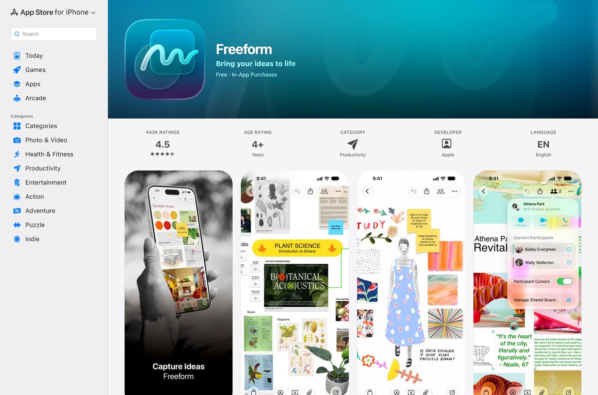 App Store listing for Freeform with its price, rating and category