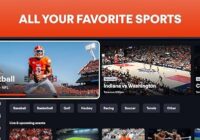 Fubo app screen listing sport categories and a live football game