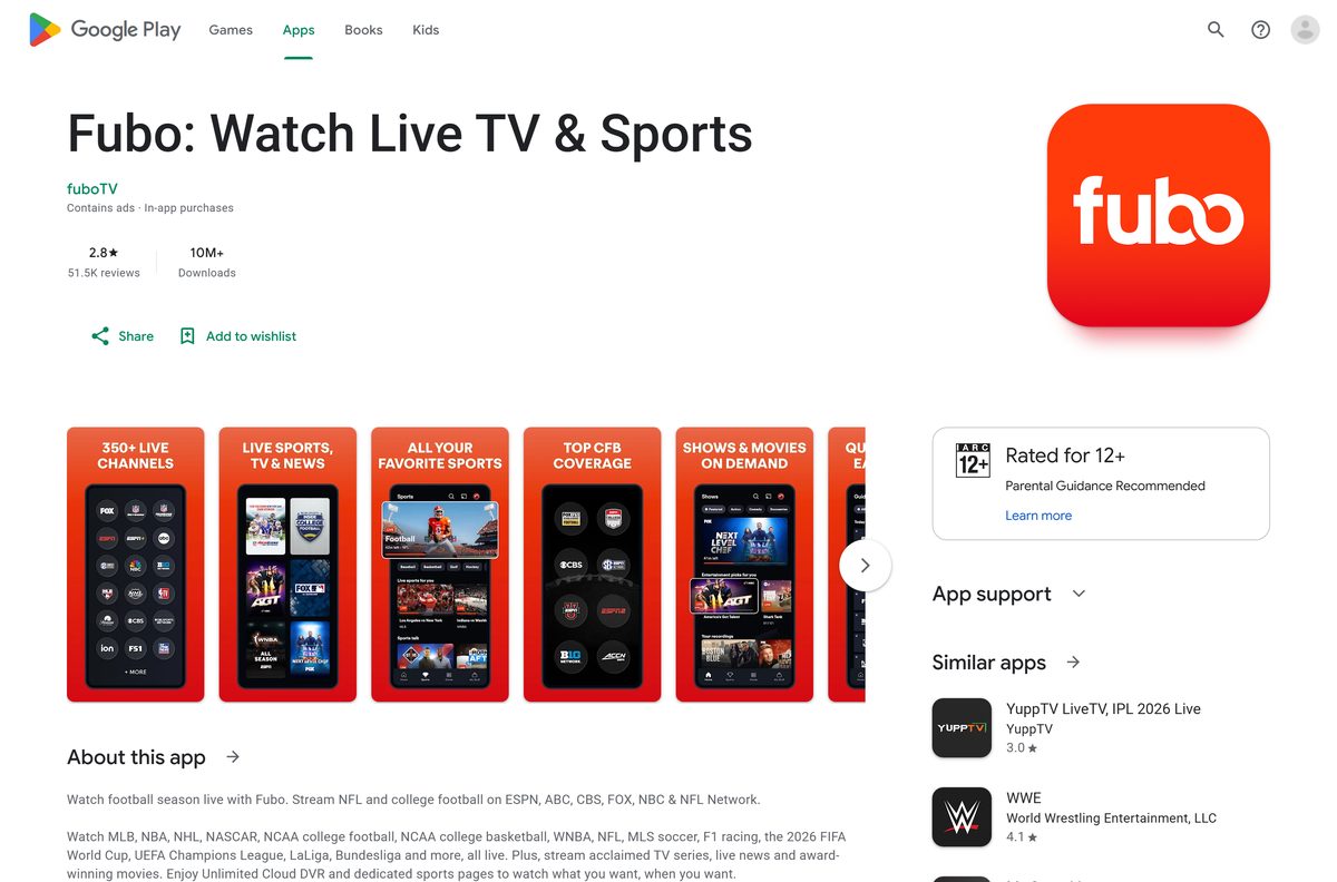 Google Play listing for Fubo on Android phones