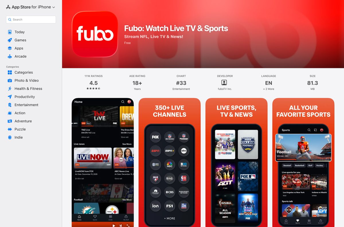 App Store listing for Fubo with size and supported devices