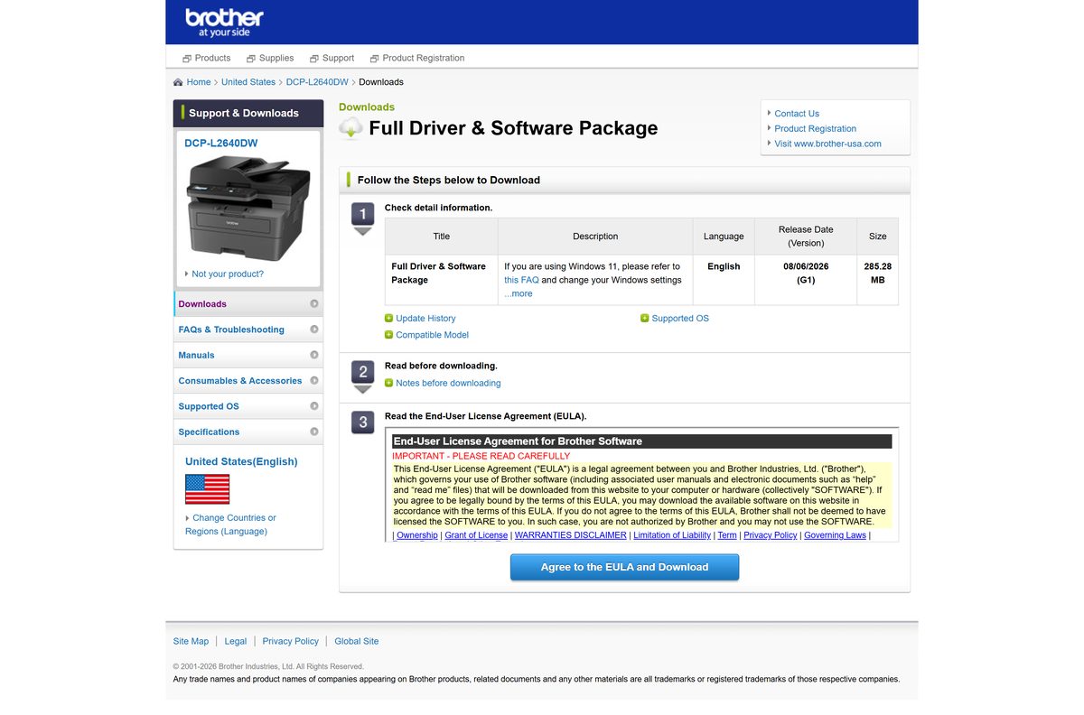 Full Driver and Software Package entry from Brother with version and size