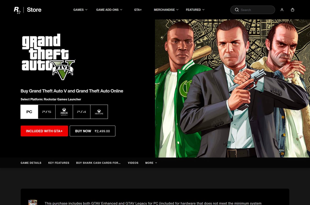 Rockstar Store page for GTAV with the launcher chosen as platform
