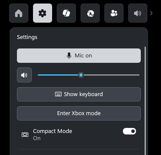 Game Bar Settings panel with a Compact Mode toggle and Enter Xbox mode button