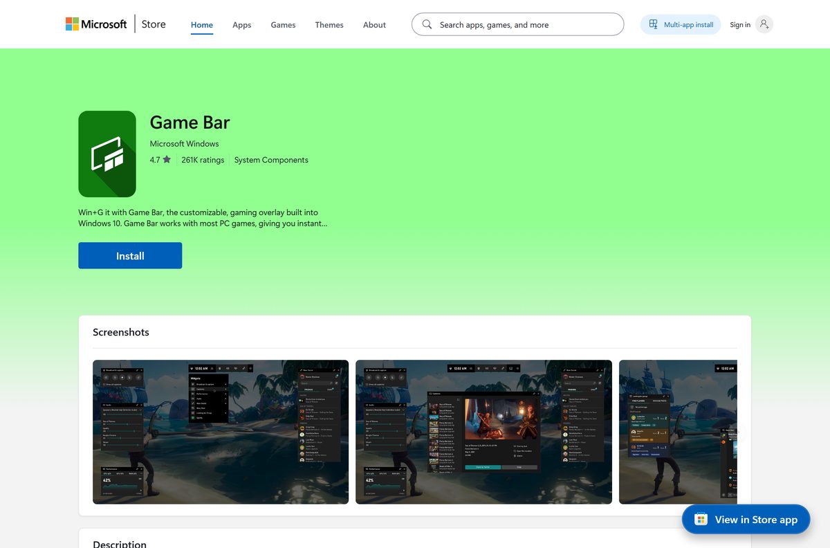 Microsoft Store listing for Game Bar published by Microsoft Corporation