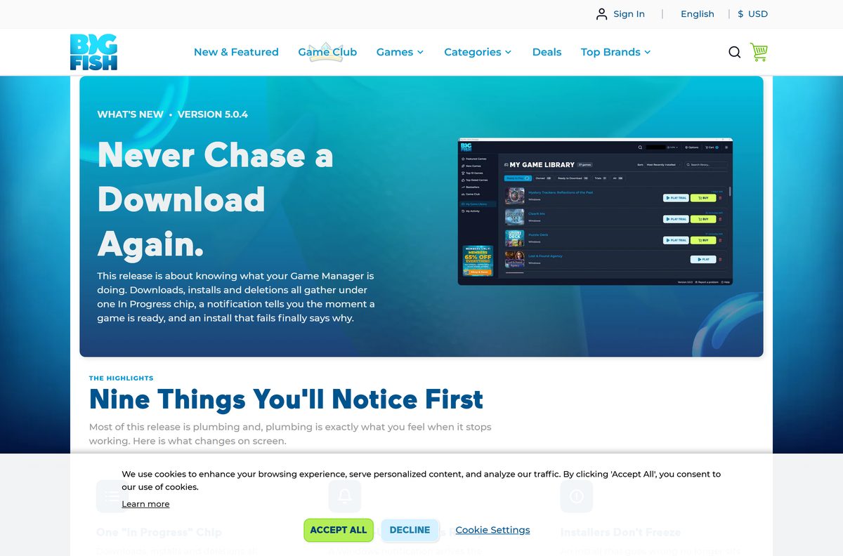 Big Fish page announcing Game Manager version 5.0.4