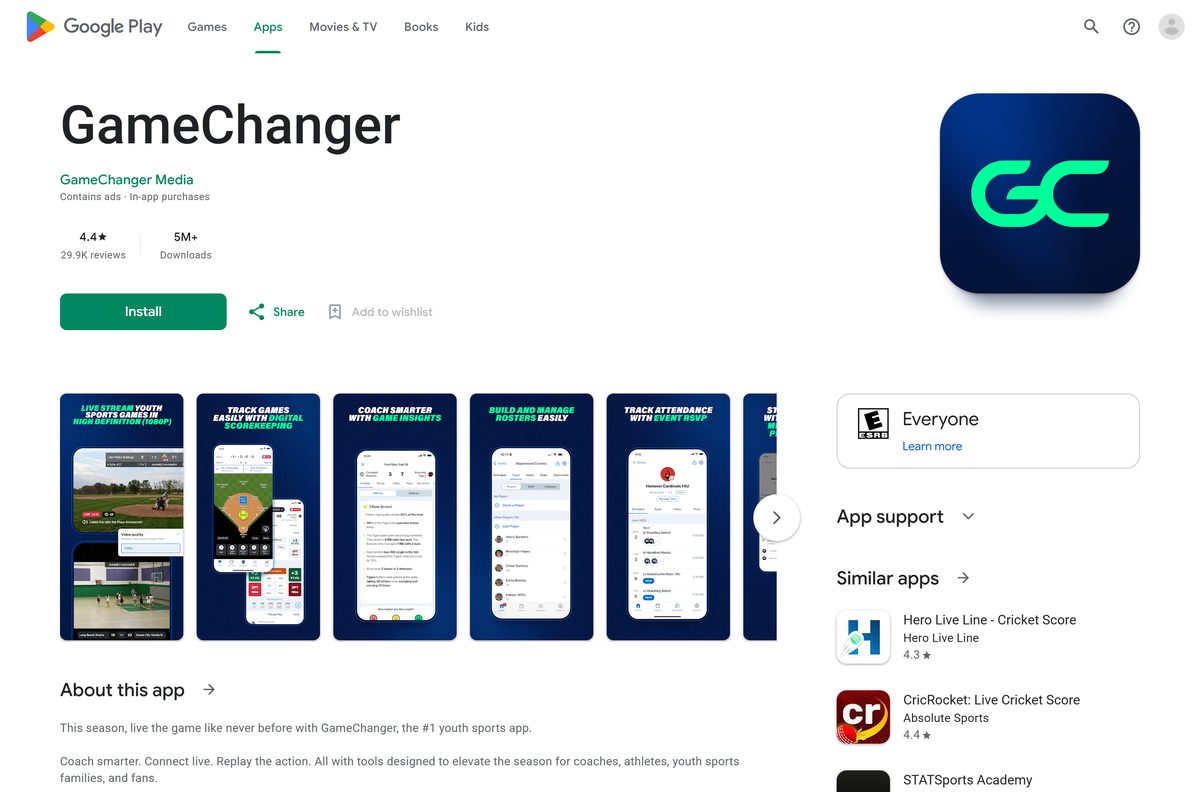 Google Play listing for GameChanger with rating and downloads