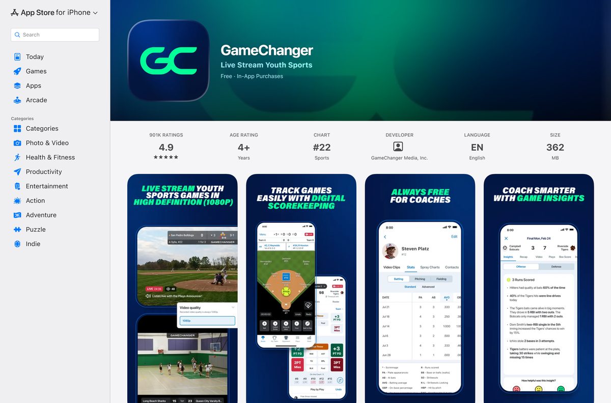 App Store listing for GameChanger with size and ratings