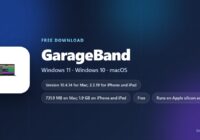 GarageBand specification card showing version, download size and supported systems