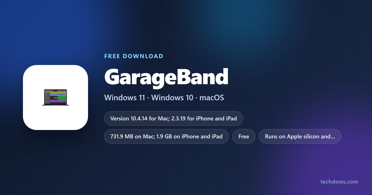 GarageBand specification card showing version, download size and supported systems