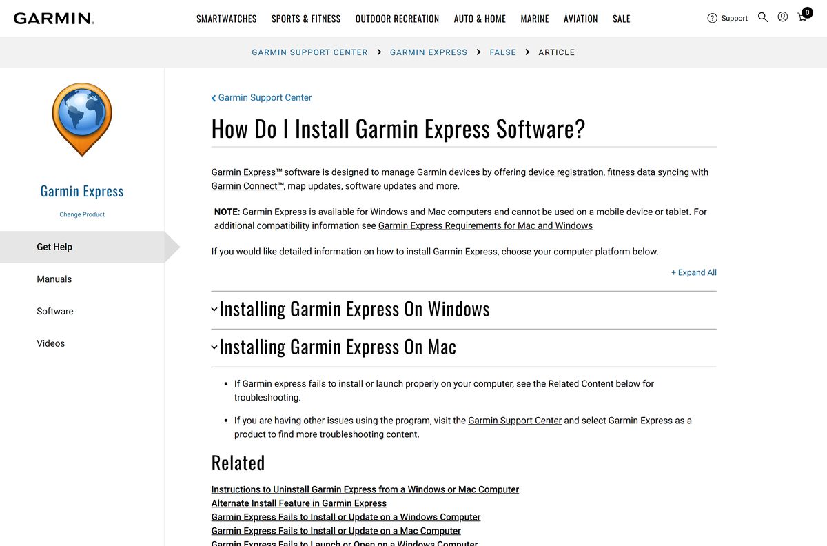 Garmin support article with Garmin Express install steps