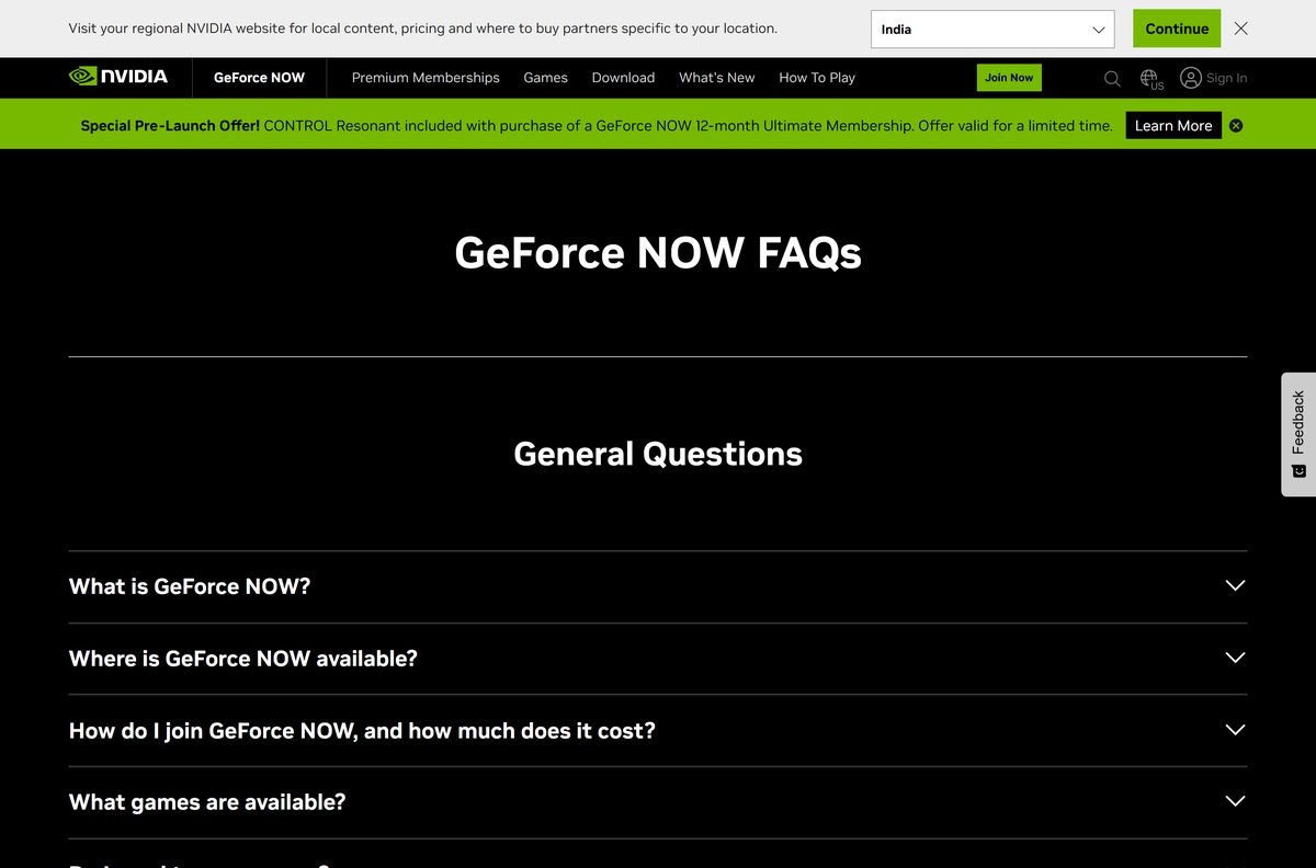 NVIDIA FAQ explaining GeForce NOW Free, Performance and Ultimate plans