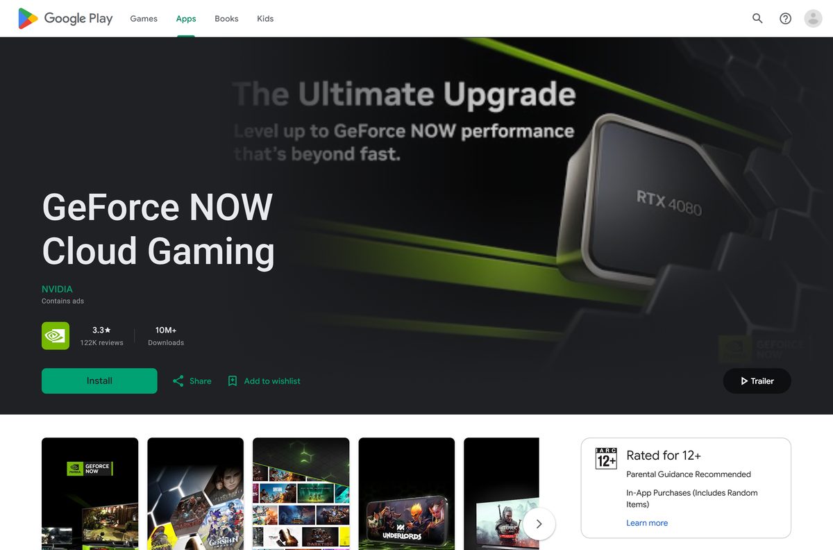 Google Play listing for GeForce NOW Cloud Gaming by NVIDIA