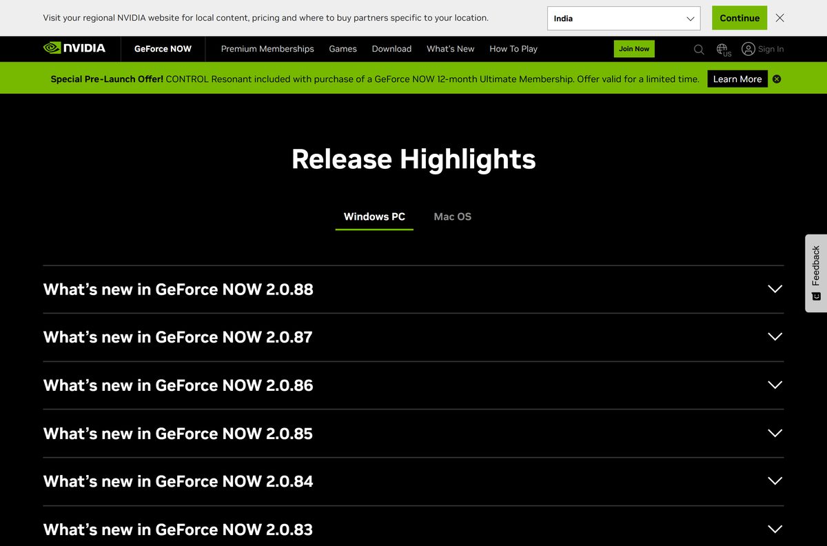 GeForce NOW release highlights page with version 2.0.88 at the top