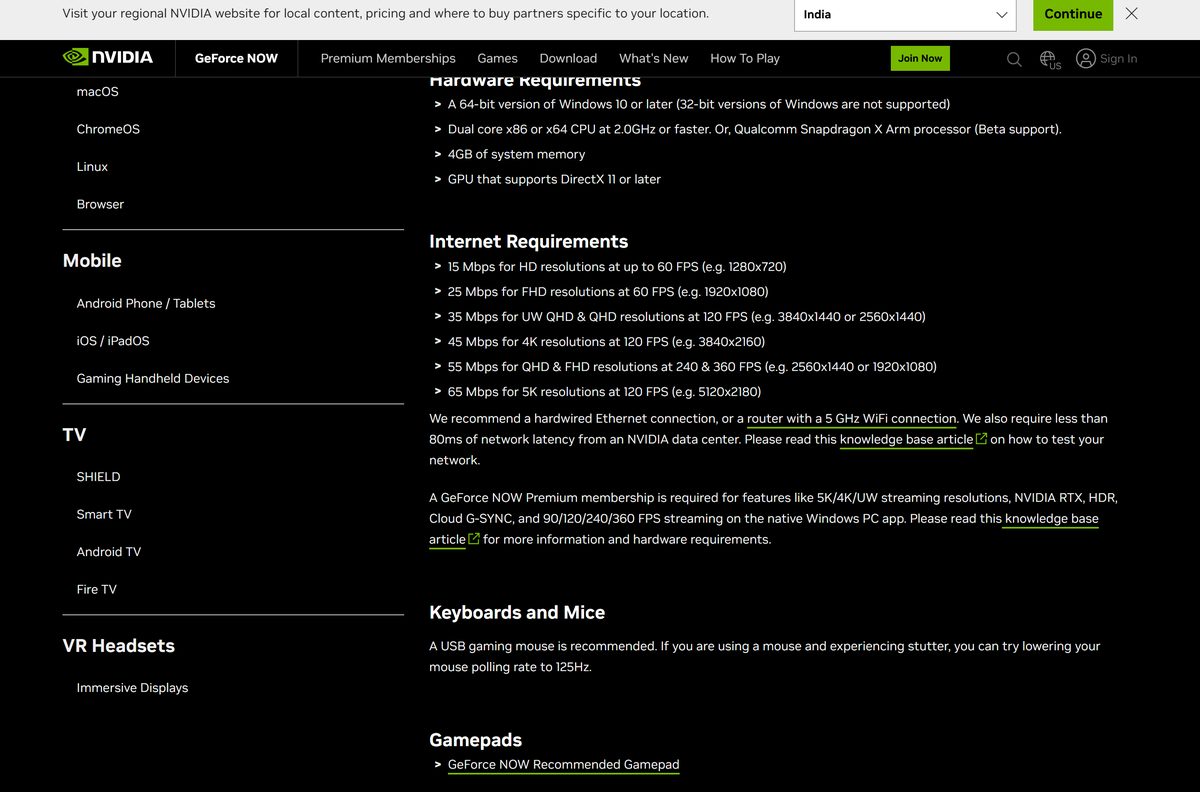 NVIDIA page showing GeForce NOW hardware and internet requirements for Windows