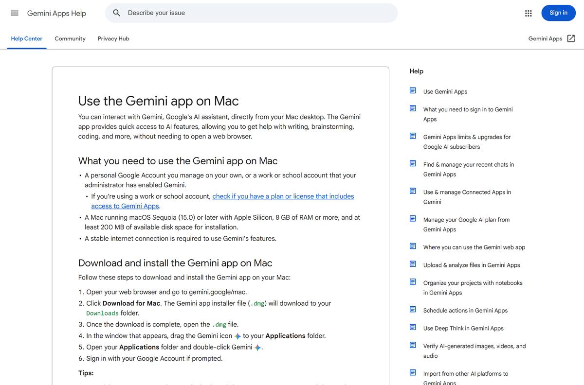 Help article listing Gemini for Mac setup steps and requirements