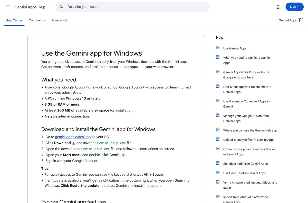 Help article explaining how to download Gemini for Windows