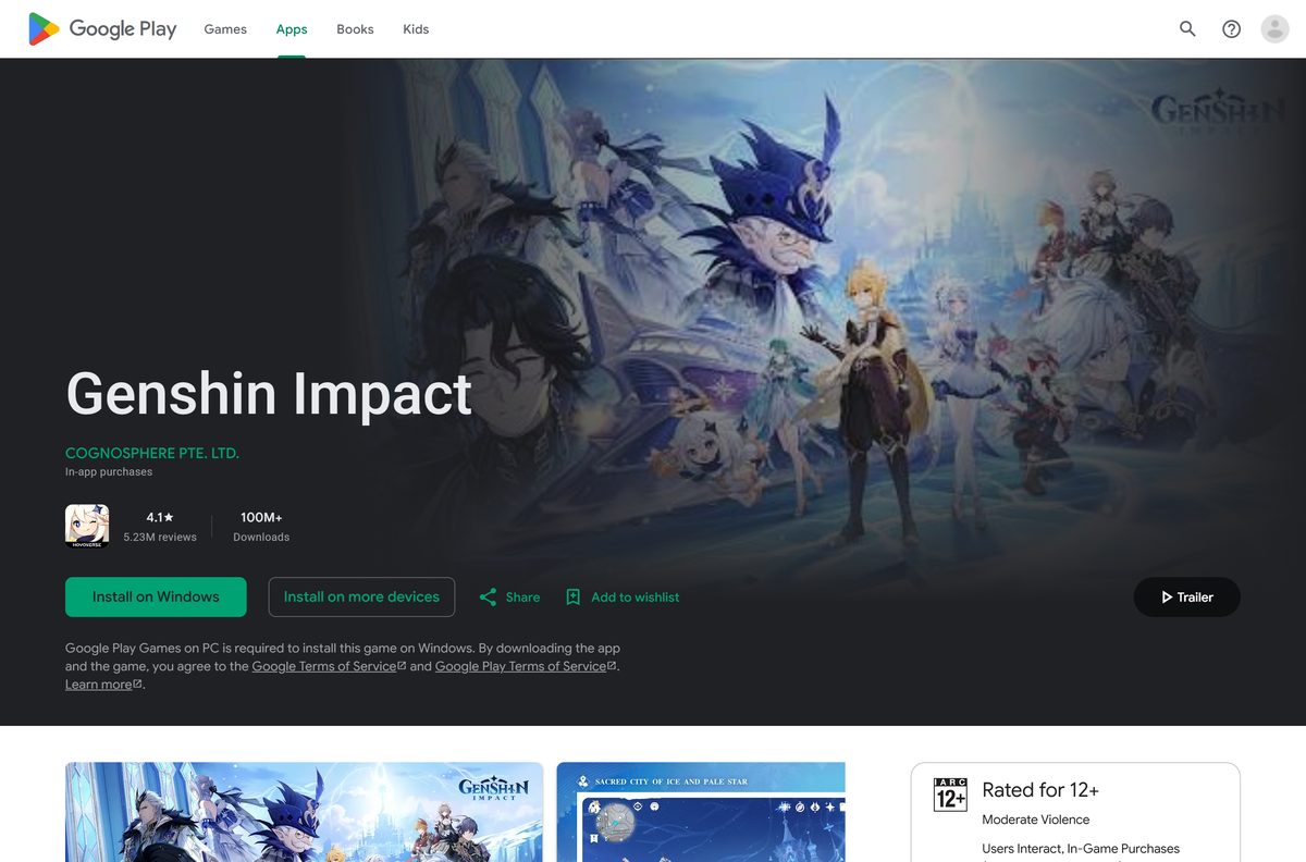 Google Play listing for Genshin Impact with the Install on Windows button