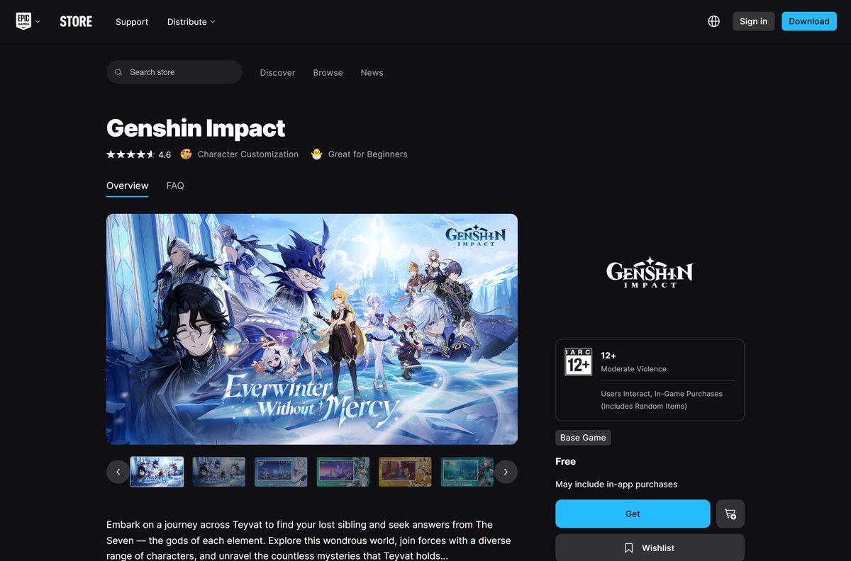 Epic Games Store listing for Genshin Impact with its Get button