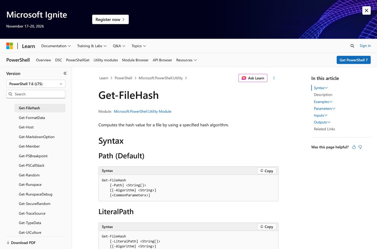Microsoft Learn reference page for the Get-FileHash PowerShell cmdlet
