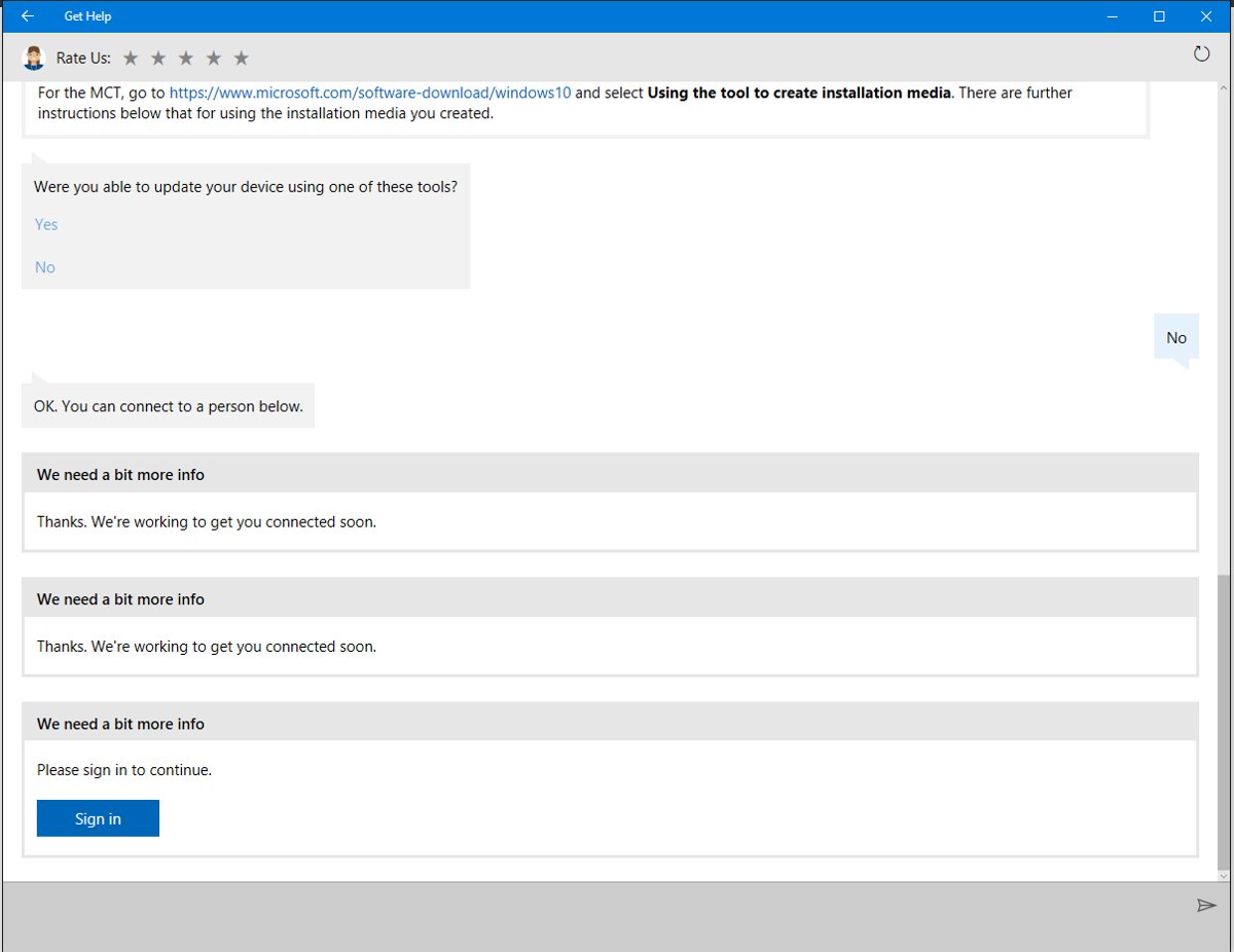 Get Help app chat window with a Yes or No troubleshooting question