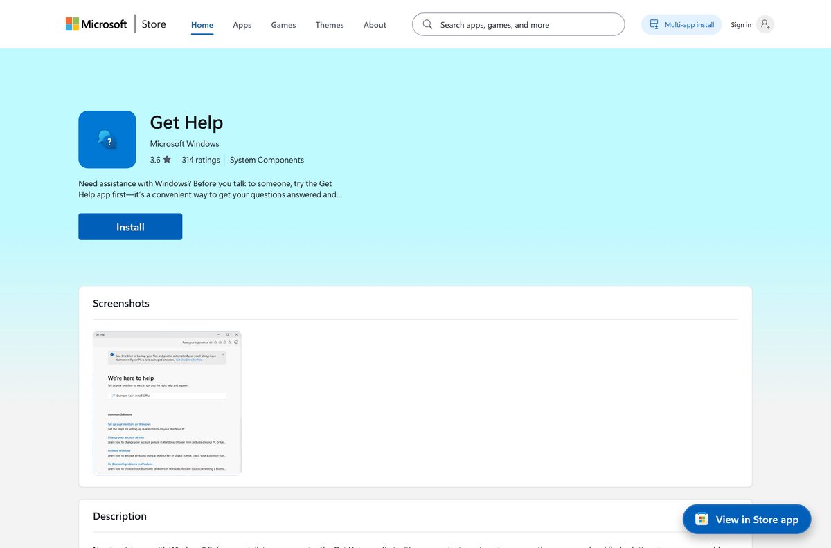 Microsoft Store listing for Get Help with its price